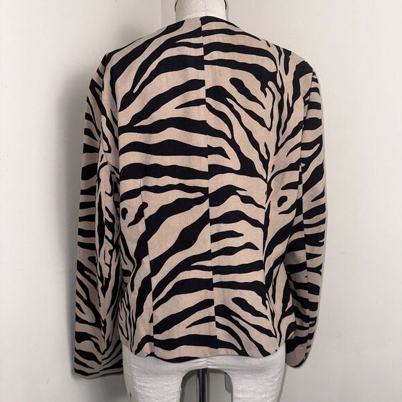 CHICOS Jacket Size 2 Black Brown Zebra Stripe Animal Print Zip Front Long Sleeve - Picture 5 of 9